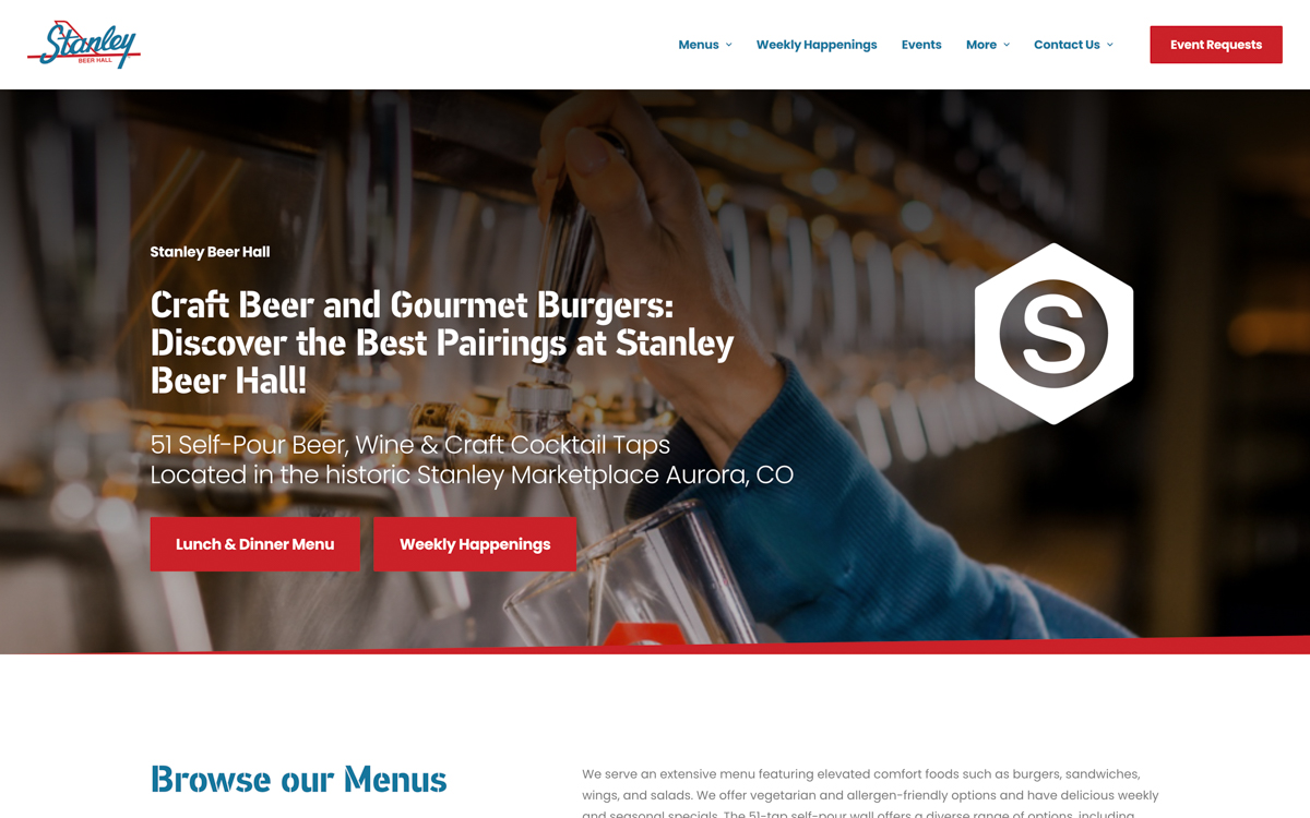 Stanley Beer Hall homepage header with bright, bold call to actions and vibrant photo of the 51 self-pour taps